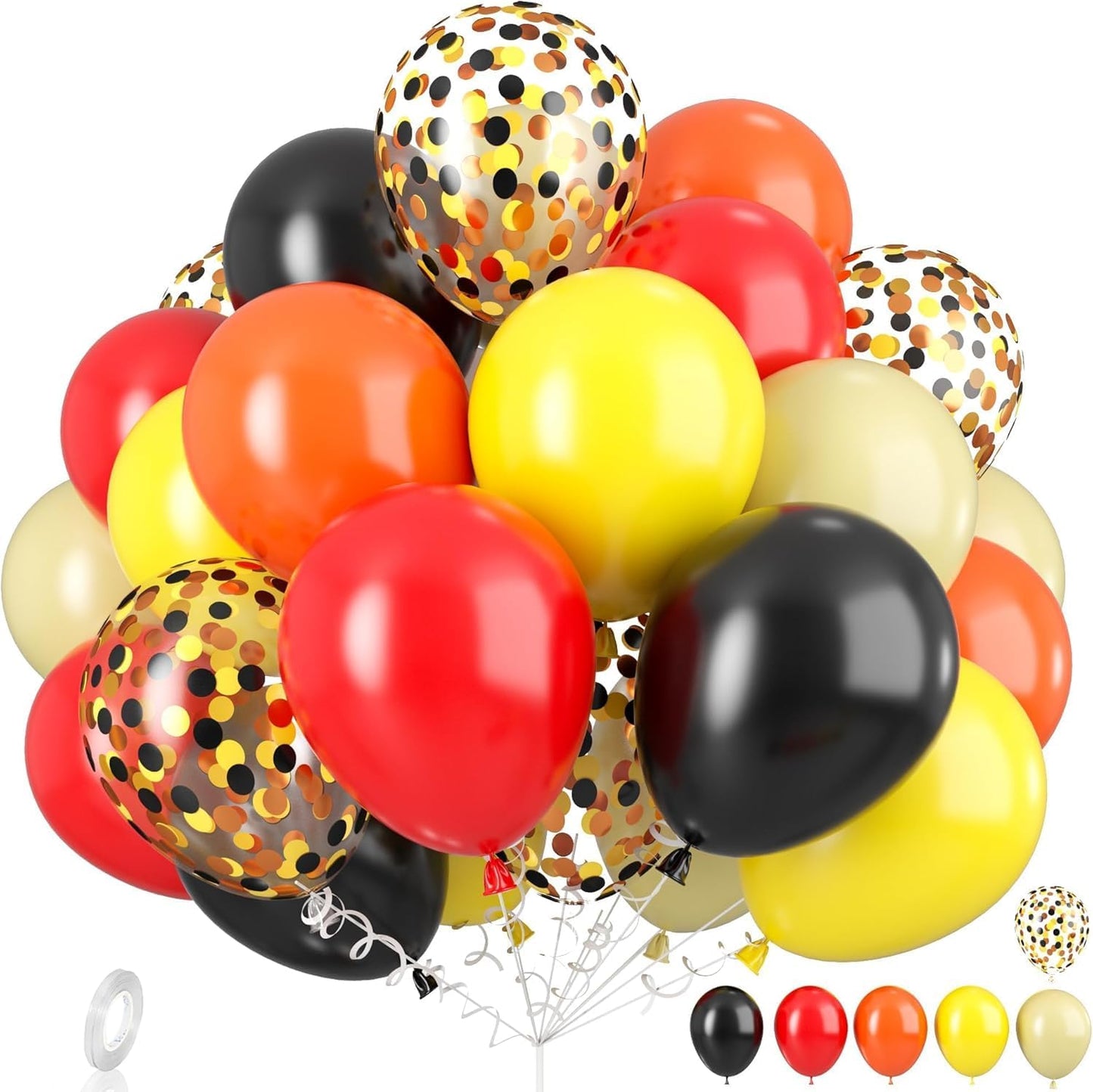 Orange Red Yellow Black Balloons, 12 Inch Colorful Latex Balloons with Black Yellow Confetti Balloon, for Race Car Construction Birthday Baby Shower Carnival Party Decorations