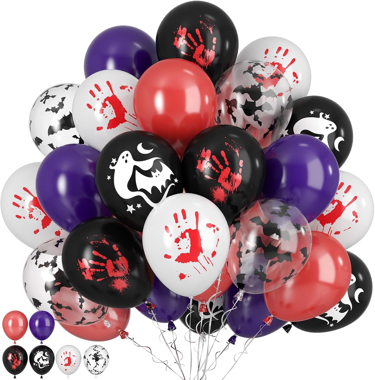 Paready Halloween Balloons, 50pcs Black Purple Red Balloons, Black White Bloody Handprint Balloon Bat Printed Balloon For Scary Halloween Masquerade Spooky Vampire Haunted Themed Birthday Party Decor