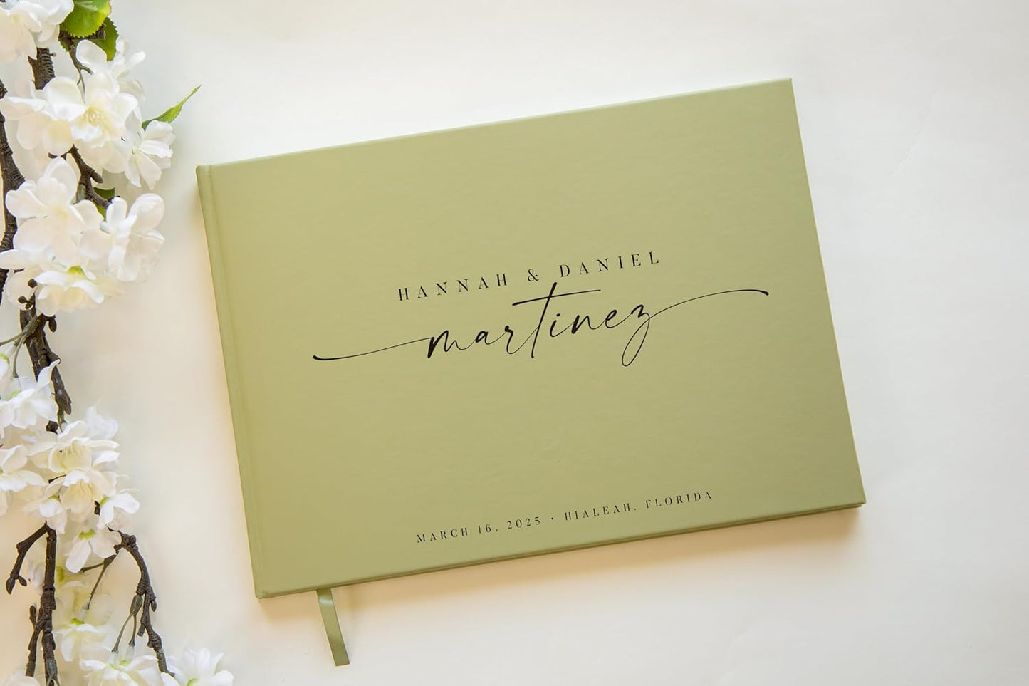 Personalized Guest Book - 11.5" x 8.5" Custom Bride & Groom Names with Bookmark and Hard Cover 140 GSM Blank Pages, for Weddings Guest Book, Engagements, Birthdays, Special Events, Sage
