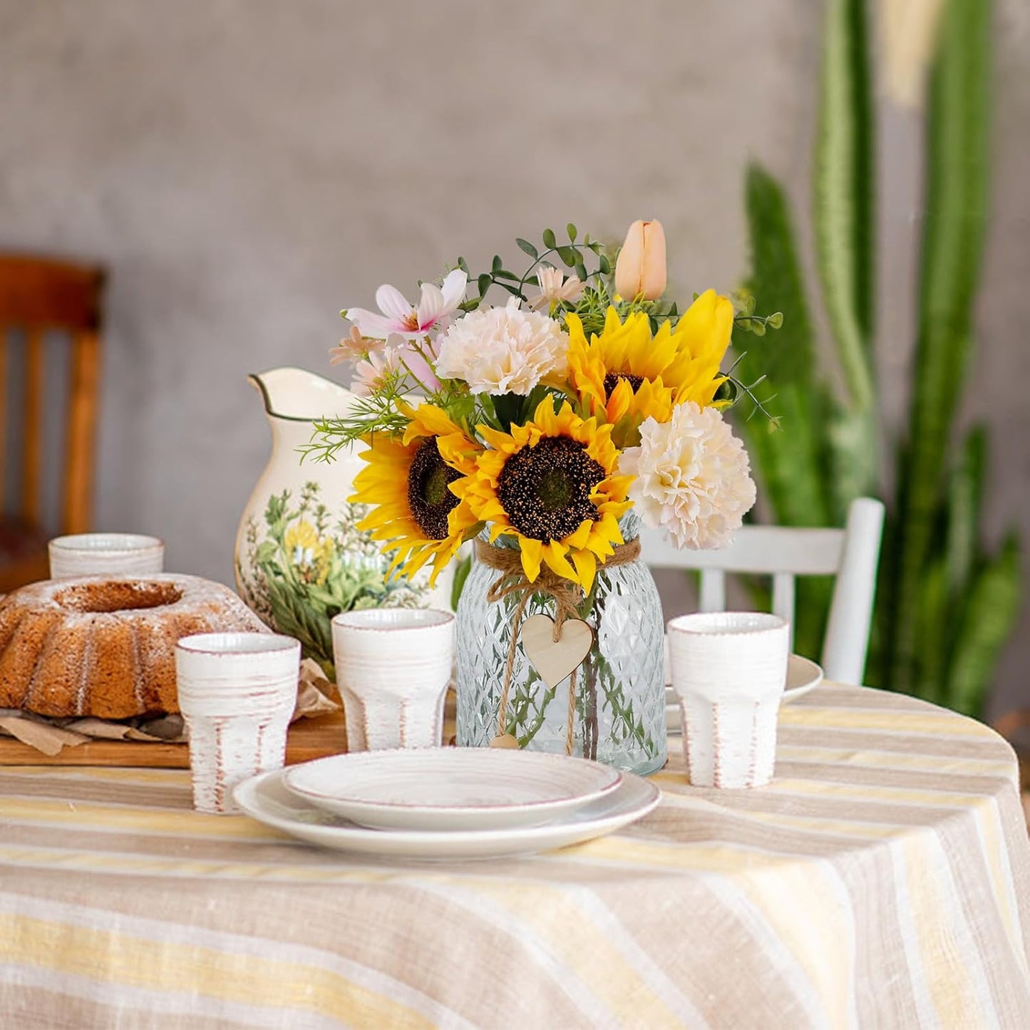 Fake Flowers in Vase,Artificial Sunflower Bouquets in Vase with a Flower Arrangement Holder,Table Centerpieces for Dining Room,Flower Centerpieces for Tables,Faux Flowers