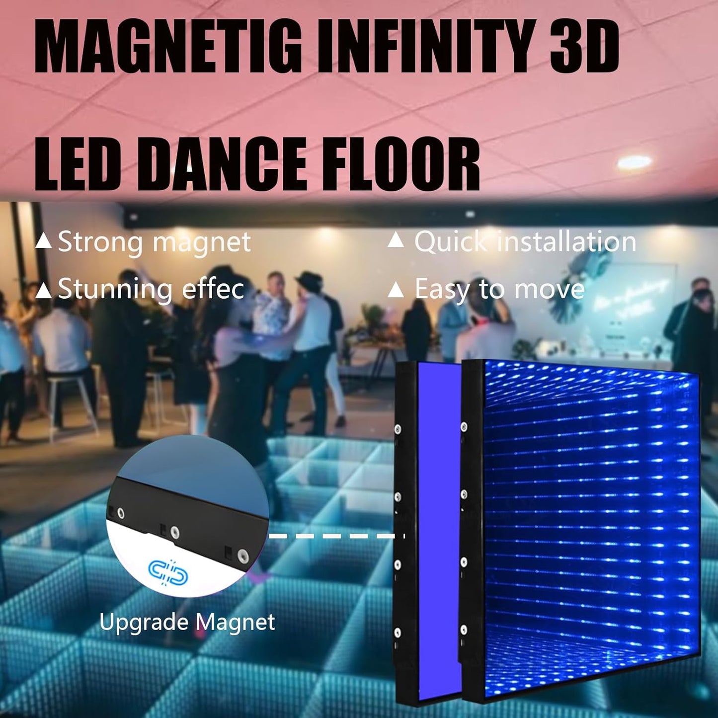 Dance Floor Stage Lights Tempered Glass Infinity Mirror Panel 3D Effect Led Dance Floor for Wedding Party Customizable (3D+RGB-Magnetic, 49PCS(11.5FTX11.5FT))