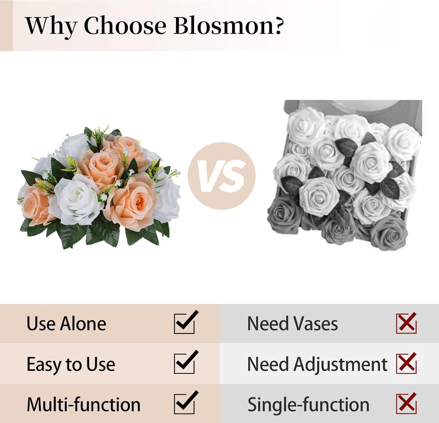 BLOSMON Rose Flower Balls Centerpieces: 6pcs 9.5 Inch Peach Fuzz Fake Flowers Kissing Balls Decor Artificial Wedding Floral Arrangements Silk Bouquet with Base Home Party Room Table DIY Decorations