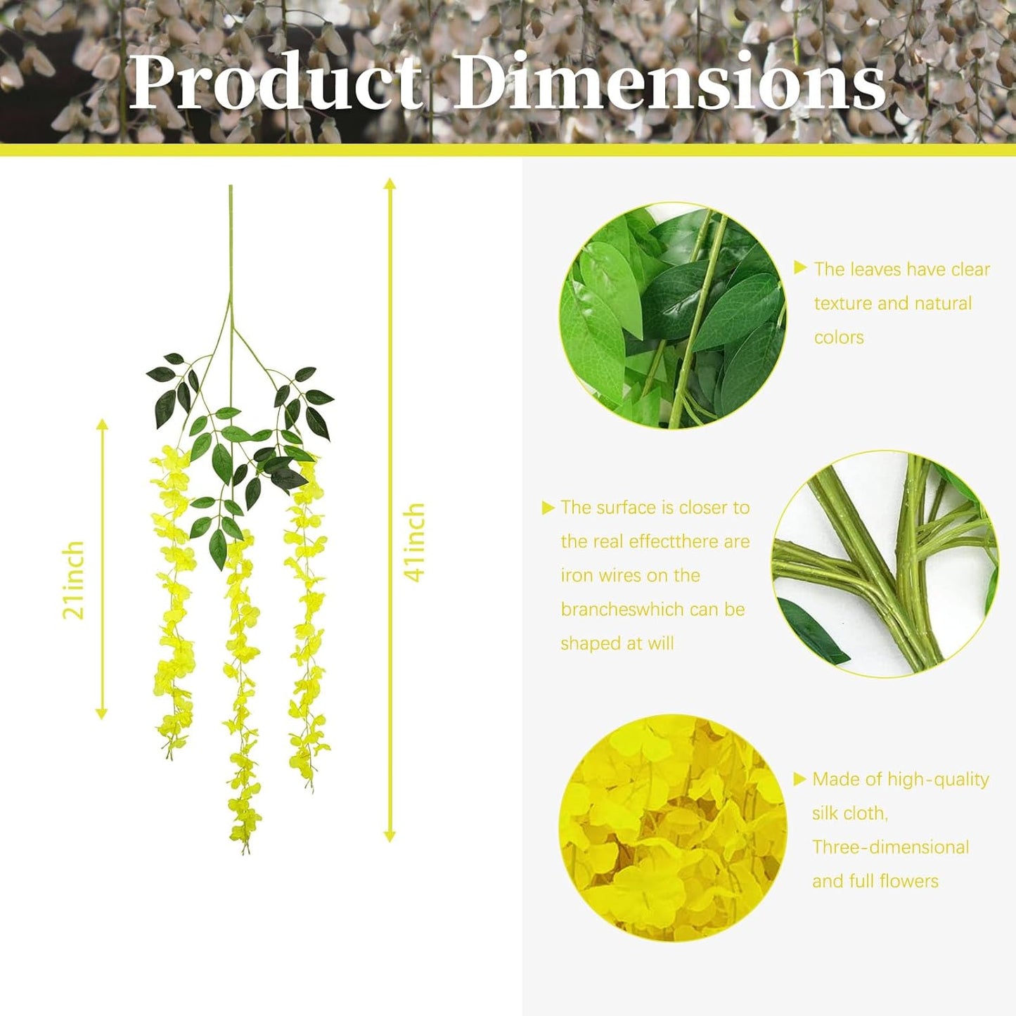 5 Pack Yellow Wisteria Hanging Flowers, 3.44 Ft Fake Hanging Flowers, Artificial Wisteria Garland Vines for Wedding Room Backdrop Outdoor Patio Garden Decoration