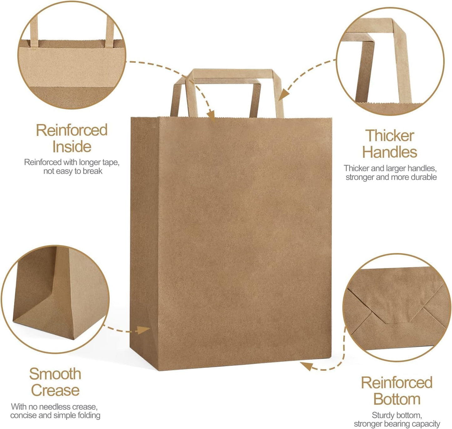 GSSUSA Brown Paper Bags with Handles 200 Pack Brown Gift Bags10 X5 X13 Kraft Paper Bags, for Shopping, Retail and Grocery -Take Out Bag