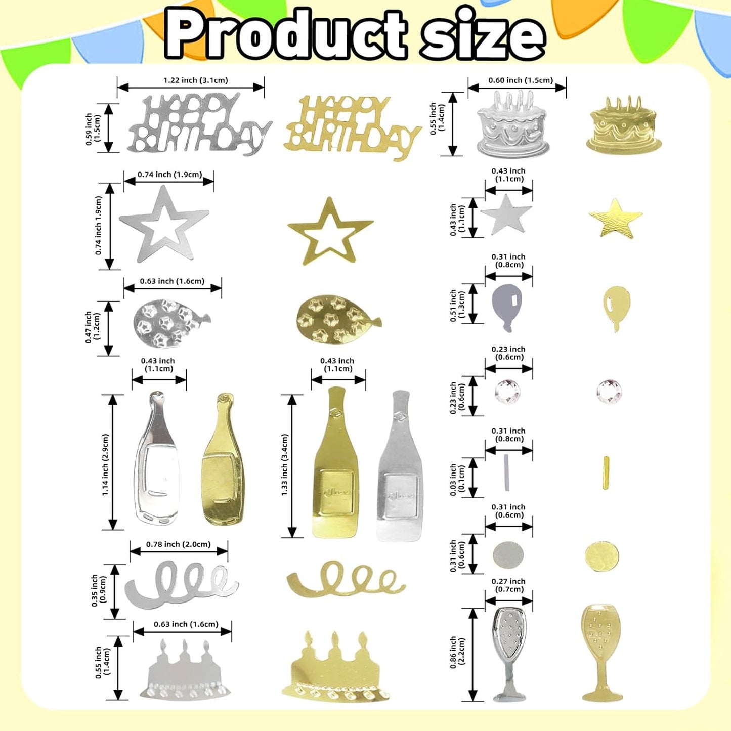 VHUWE Happy Birthday Confetti, 1.6 oz Champagne Gold Silver Cake Balloon Star Goblet Bottle Swirl Glitter Confetti for Boys Girls Kids Women Men Happy Birthday Party Table Decorations Supplies
