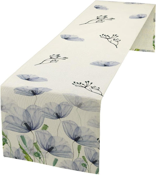 Watercolor Poppy Floral Table Runner, Abstract Seasonal Spring Summer Blue Purple Flower Kitchen Dinning Table Runner for Indoor Outdoor Home Wedding Party Holiday, 13x120 Inch