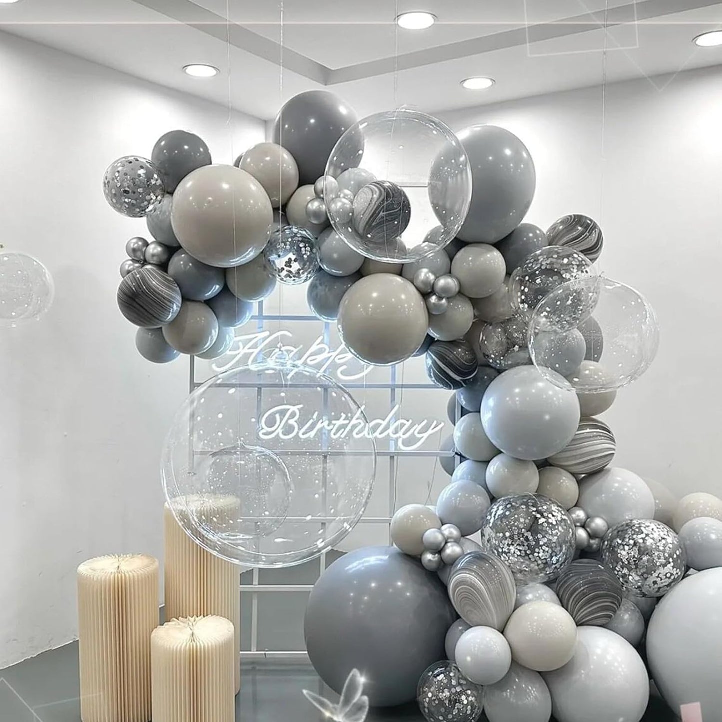 412pcs Pastel Gray Balloon Garland Arch Kit 18 12 10 5 Inch Different Sizes Light Grey Latex Balloons for Baby Shower Birthday Happy Wedding Party Decoration