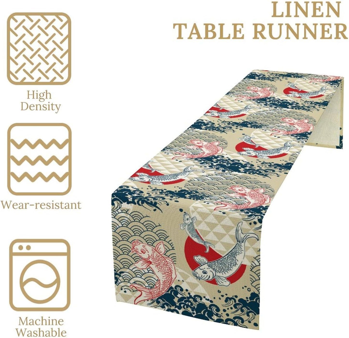 Japanese Table Runner Oriental Tradition Kio Fish Art Printed Burlap Runner Home Kitchen Dining Table Living Room Decor Fabric 1 Panel W13xL60in