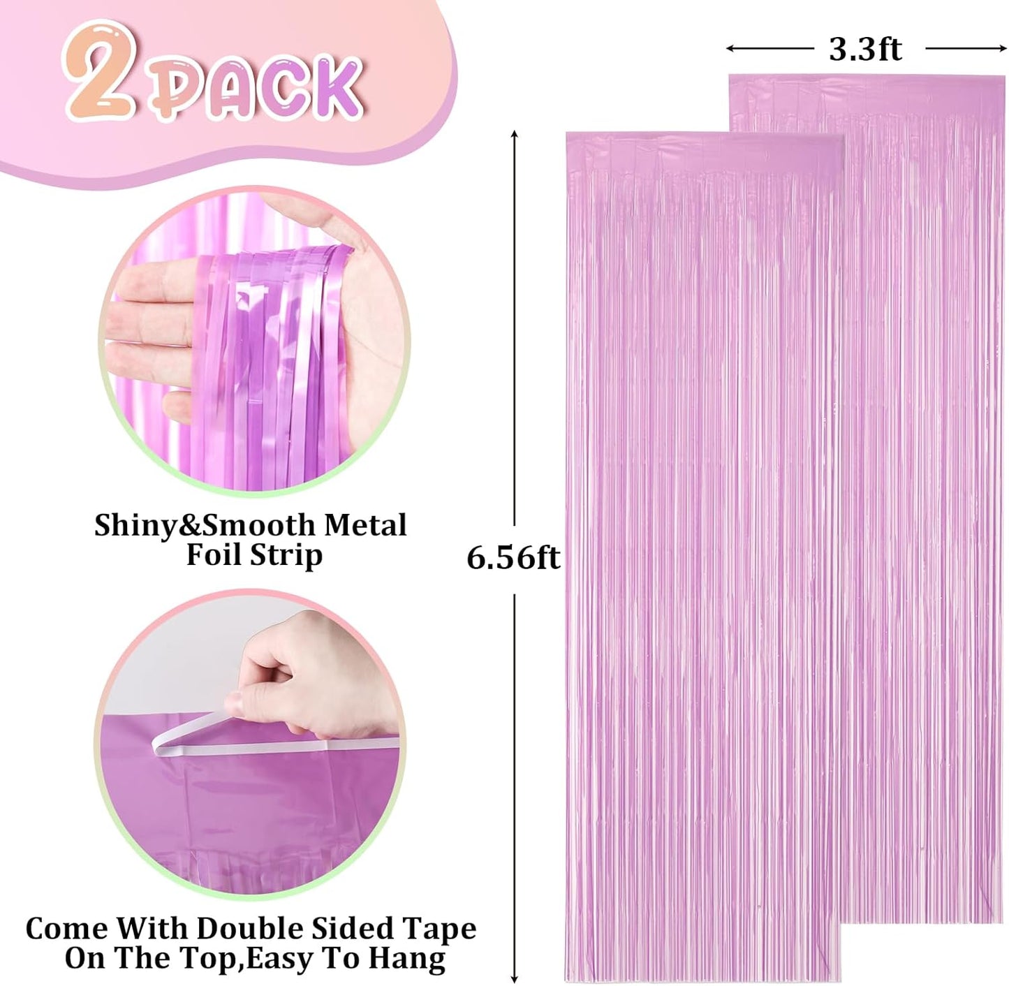 2 Pack Pastel Purple Foil Fringe Backdrop Curtains, Tinsel Streamers Birthday Party Decorations for Girl, Fringe Backdrop for Graduation, Baby Shower, Gender Reveal, Halloween Party
