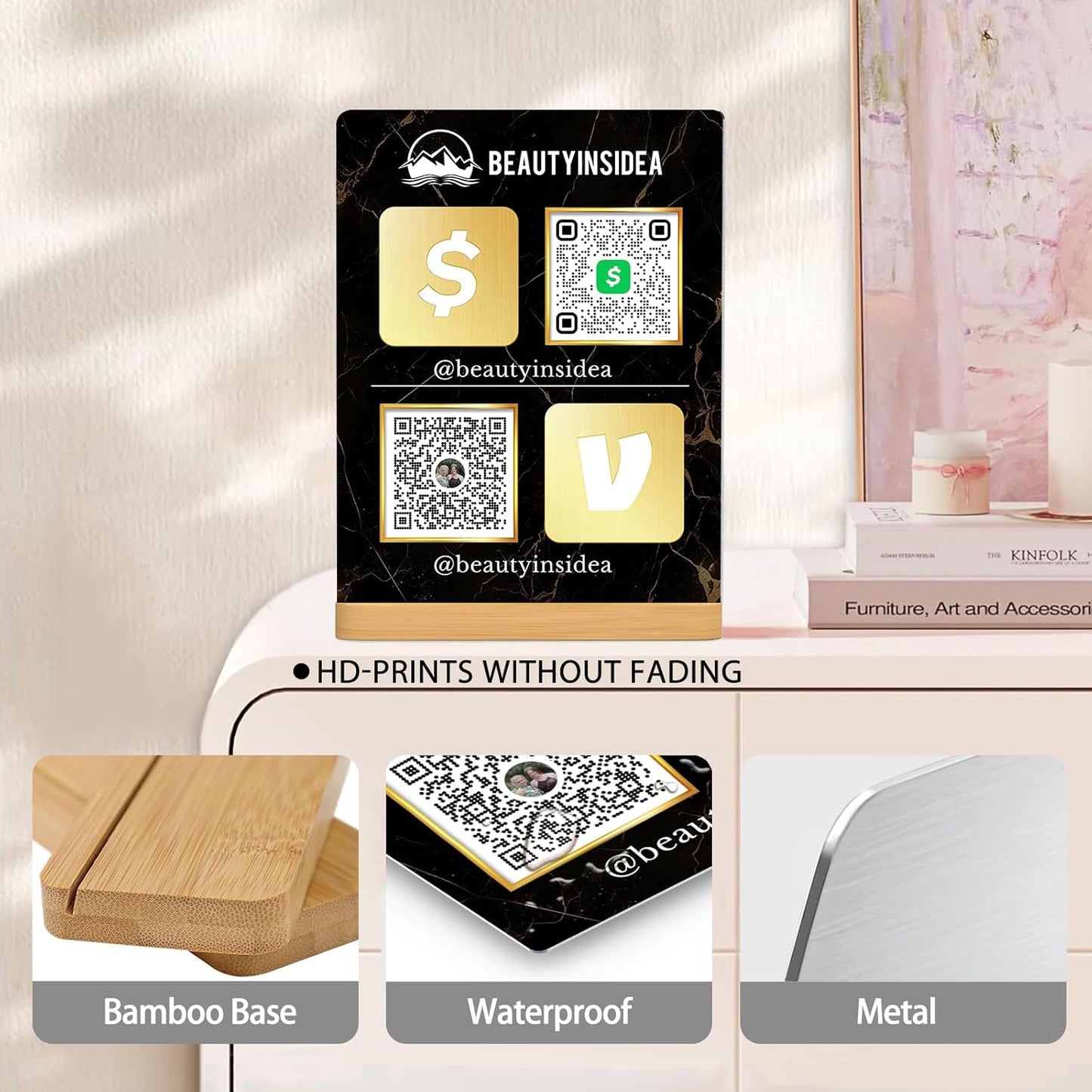 Personalized Custom Metal QR Code Sign Venmo Cashapp Scan to Pay with Stand Instagram Facebook Social Media QR Signs Bar Code QR Plaque Print for Business Salon Beauty Store Restaurant Wifi Sign (S2)