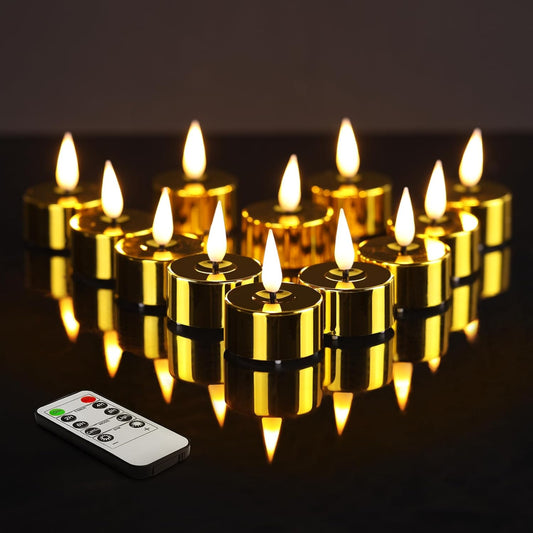 Eywamage Gold LED Tealights with Remote Batteries, Flickering Flameless Tea Lights Votive Candles Set of 12