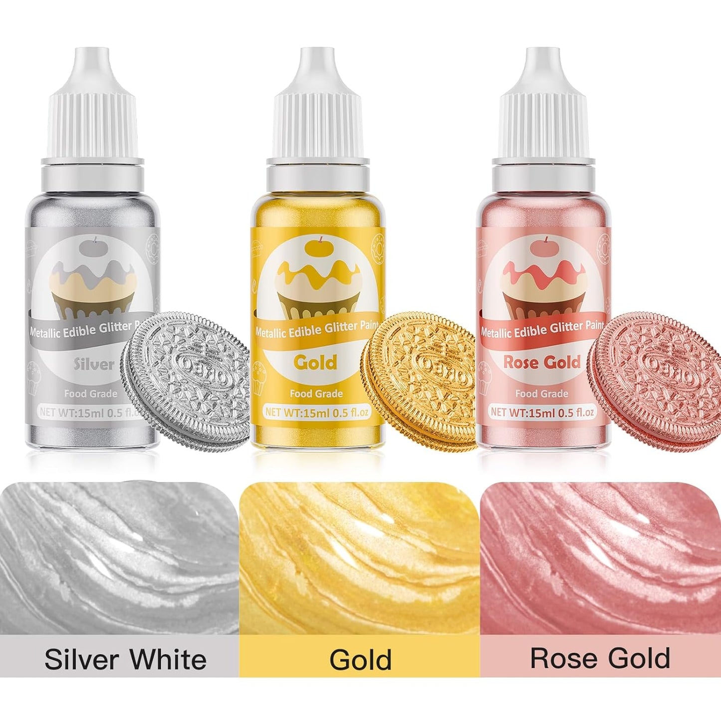 Edible Glitter Paint - 3 Colors Glitter Decorative Cake Paint Metallic Glitter, Food Grade Paint Edible Paint for Cake Decorating, Baking, Candy, Cookie, Chocolate -0.5 fl.oz(15ml)/Bottle (Gold, 3 color)