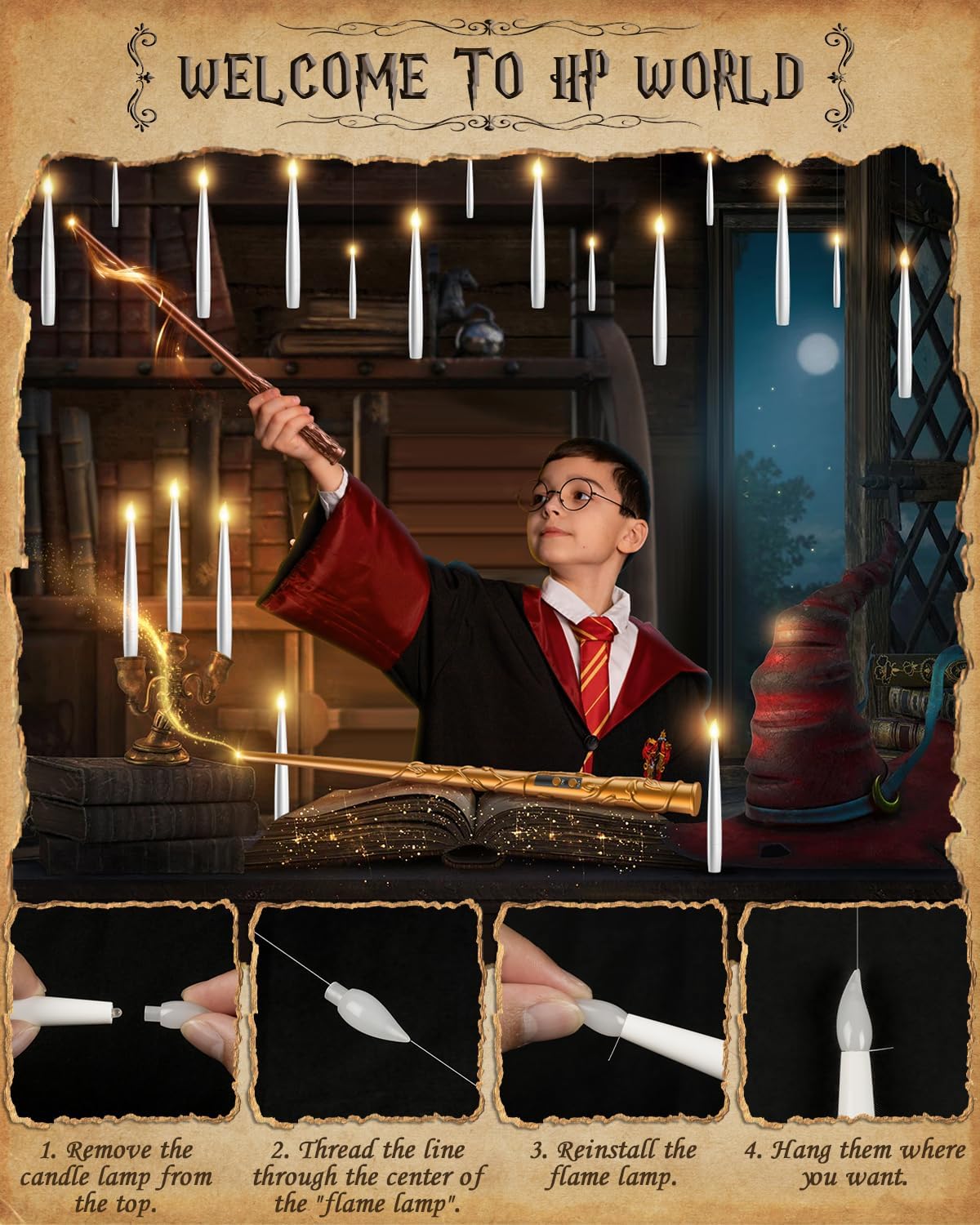 Floating Candles with 2 Wand - 24 Pack Halloween Decorations Magic Flameless Candles Flickering Warm Light LED Hanging Candle Remote, Operated Candles for Christmas Outdoor Indoor Party Decor