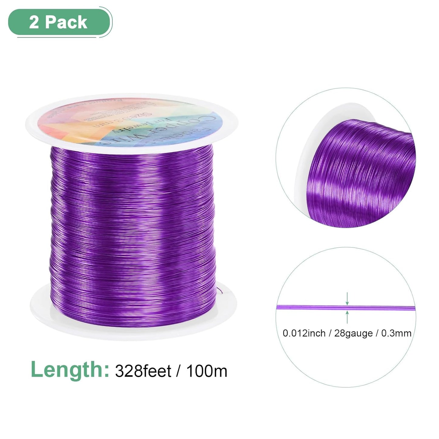 2-Rolls 0.2mm Jewelry Wire, 32 Gauge 328FT Craft Wire Copper Beading Wire for Jewelry Making/Planting/Weaving/DIY Crafting, Soft Metal Wires [100M, Purple]