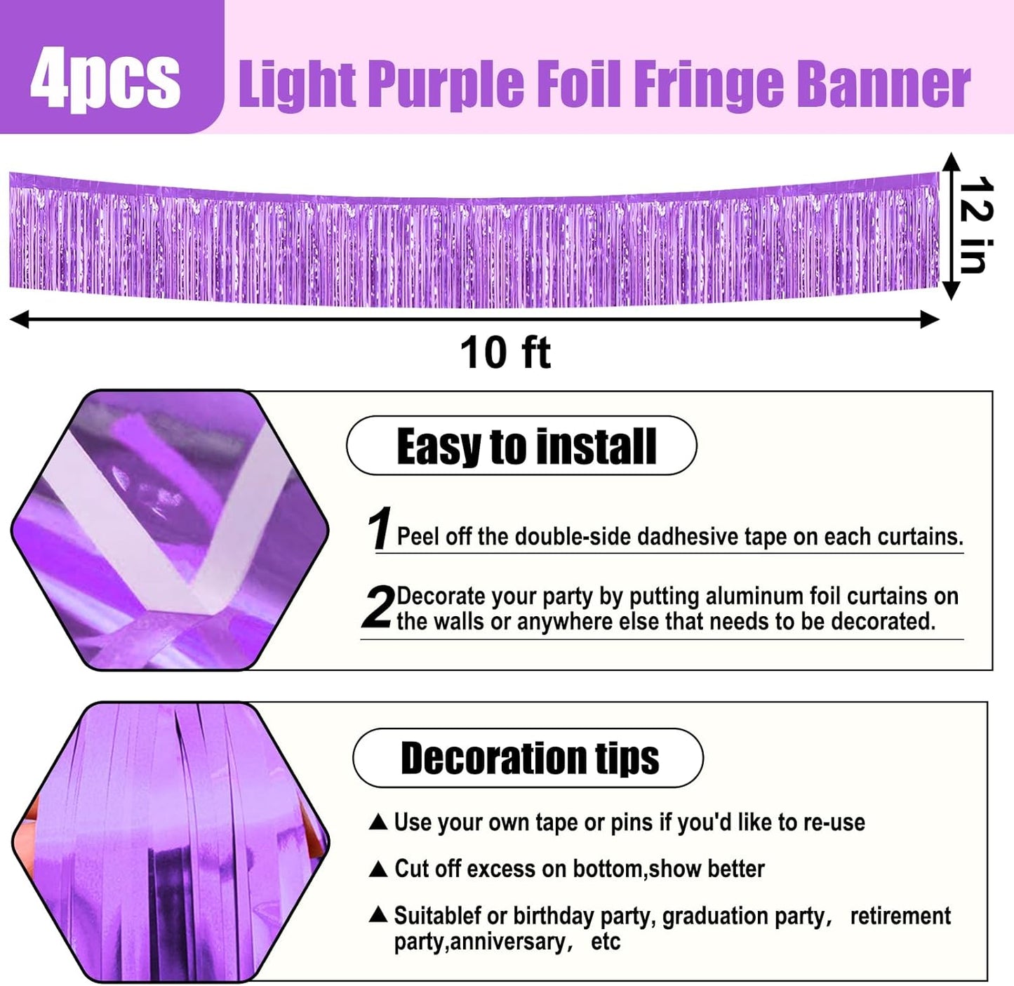 4 Pack 10 Feet Light Purple Foil Fringe Garland Metallic Tinsel Streamers Banner Wall Hanging Curtain Backdrop for Parade Floats, Wedding, Graduate, Mother's Day, Birthday Party Decoration