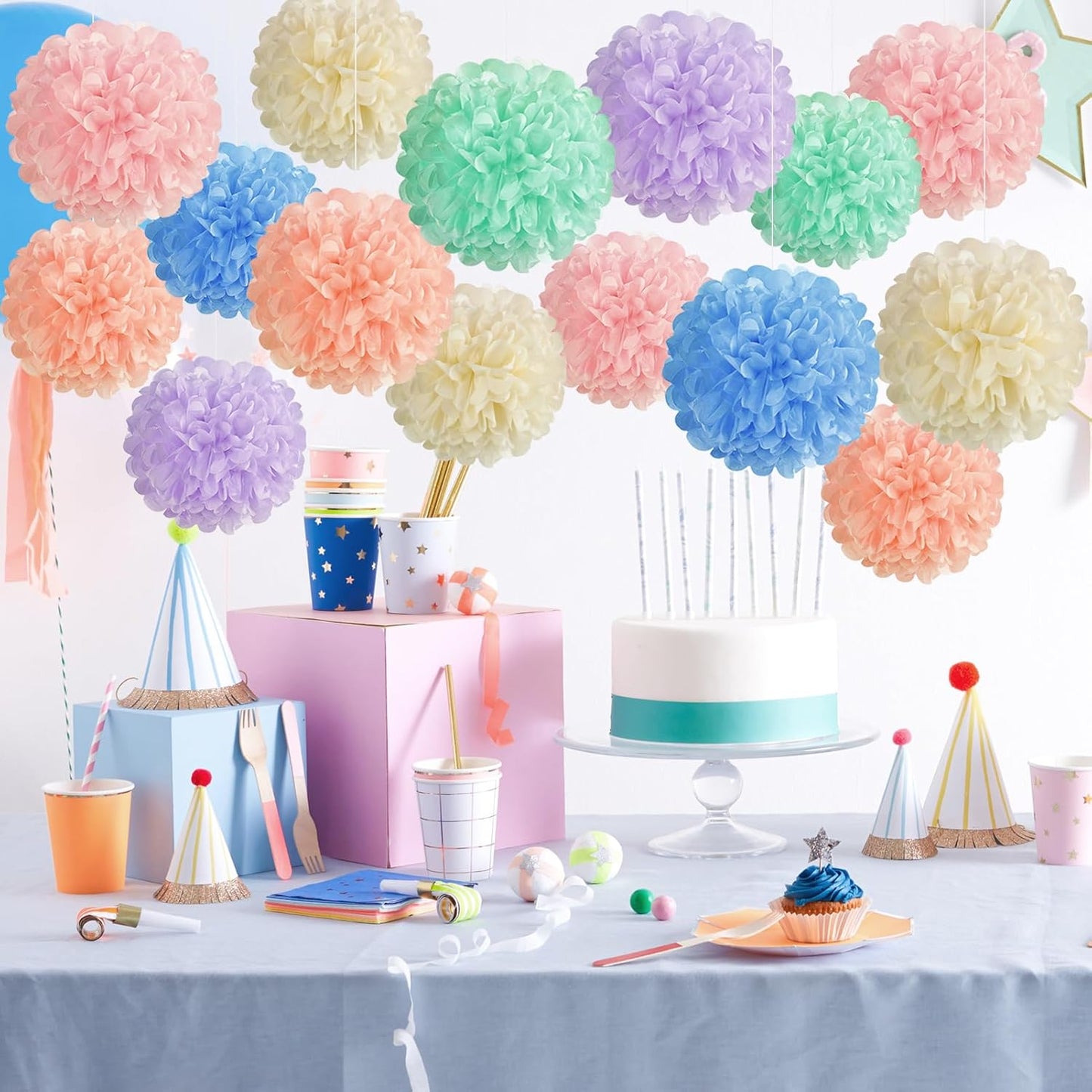 EASY JOY 15PCS Pastel Paper Tissue Pom Poms Decoration Macaron Rainbow Candy Ice Cream Easter Flowers Wall Hanging Decor for Birthday Wedding Baby Shower