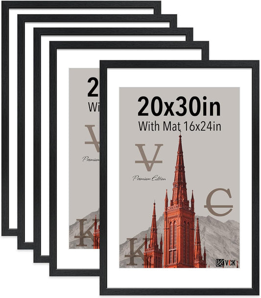 VCK 20x30 Poster Frame Black - 5 Pack, Solid Wood Picture Frame, Matted to 16x24 or 20x30 without Mat, Textured Exclusive, Horizontal and Vertical Formats with Included Hanging Hardware