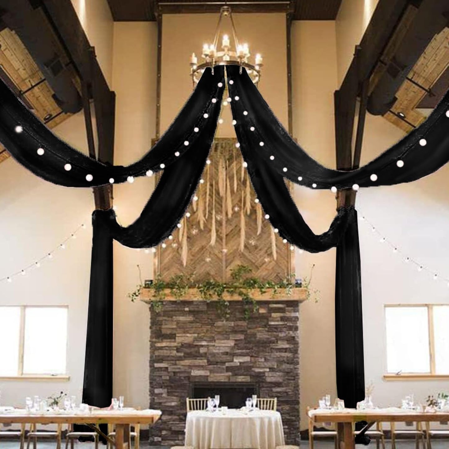 MODFUNS Black Ceiling Drapes Wedding Arch Drapery 5x30ft 4 Panels Chiffon Sheer Curtain Drapes Rustic Fabric for Wedding Party Reception Decoration