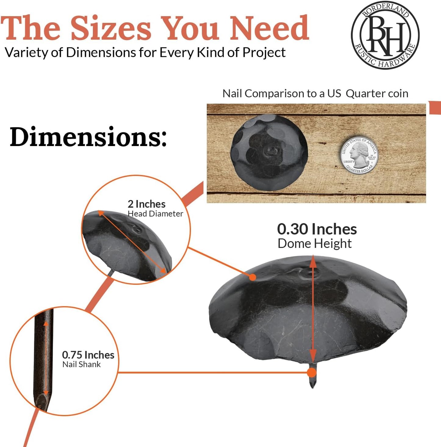 10 Pack 2" Round Head Iron Clavos Decorative Nails – Sealed Unfinished – Handmade Rustic Round Fasteners for Farmhouse Shutters, Faux Wood, Barn Doors, Shutters, Gates – Ornamental Wood Accent