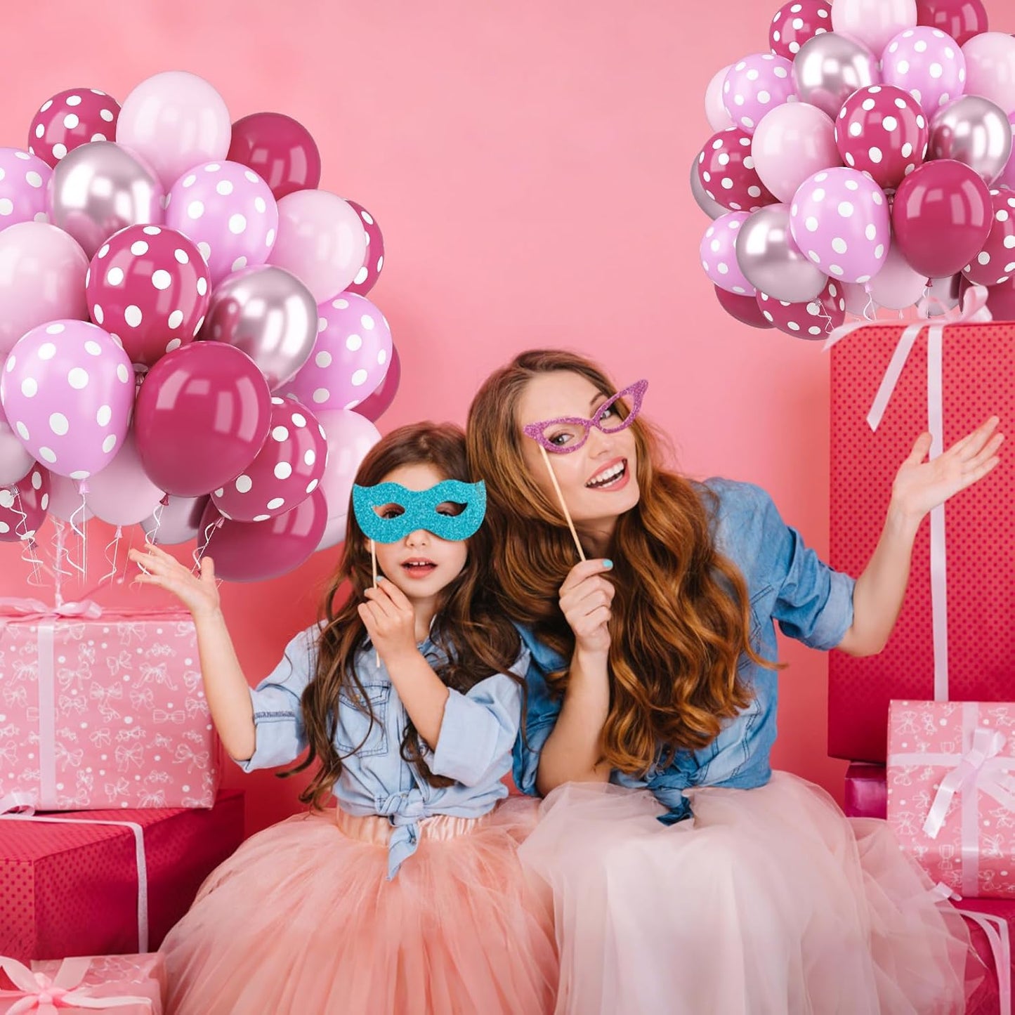 Pink Balloons, 52 PCS Metallic Pink Balloon with Hot Pink and White Dots Confetti Birthday Balloons for Girls Princess, Baby Shower Women Bride Wedding Party Decorations