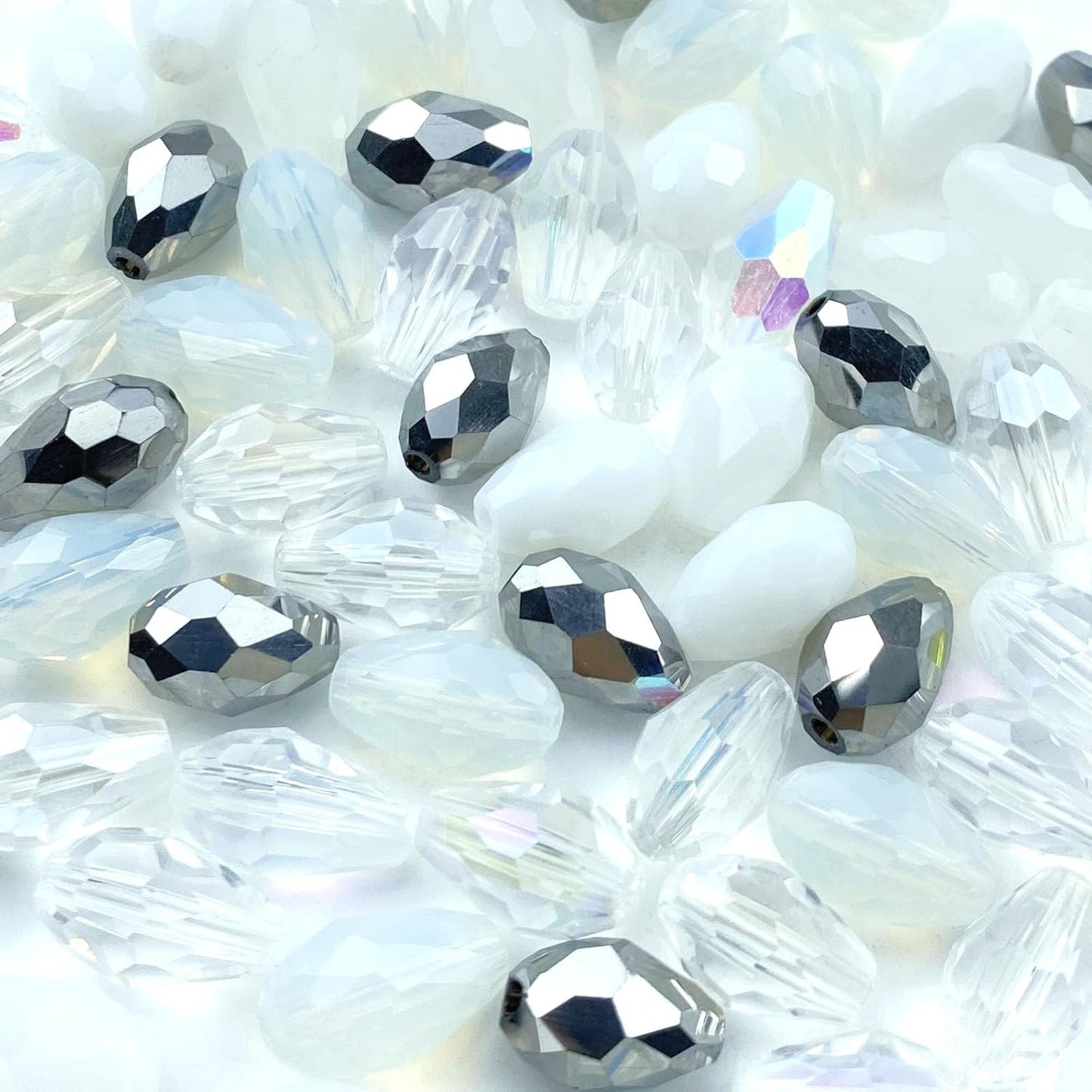 200pcs 4x6mm Teardrop Crystal Glass Beads Vertical Hole Faceted Loose Spacer Beads for DIY Craft Jewelry Making Necklace Bracelet Earring Wind Chimes(White Series)