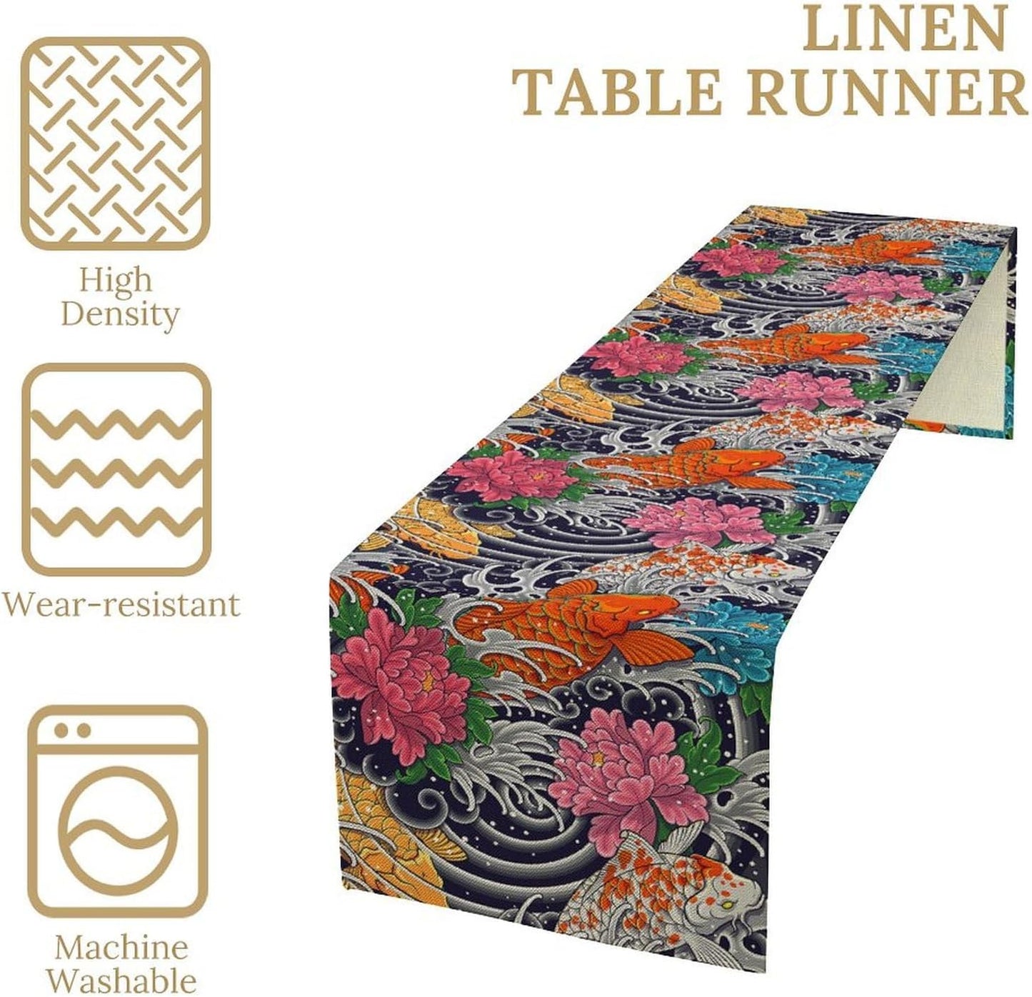 Japanese Retro Flowers Table Runner Oriental Tradition Kio Fish Art Printed Burlap Runner Home Kitchen Dining Table Living Room Decor Fabric 1 Panel W13xL90in