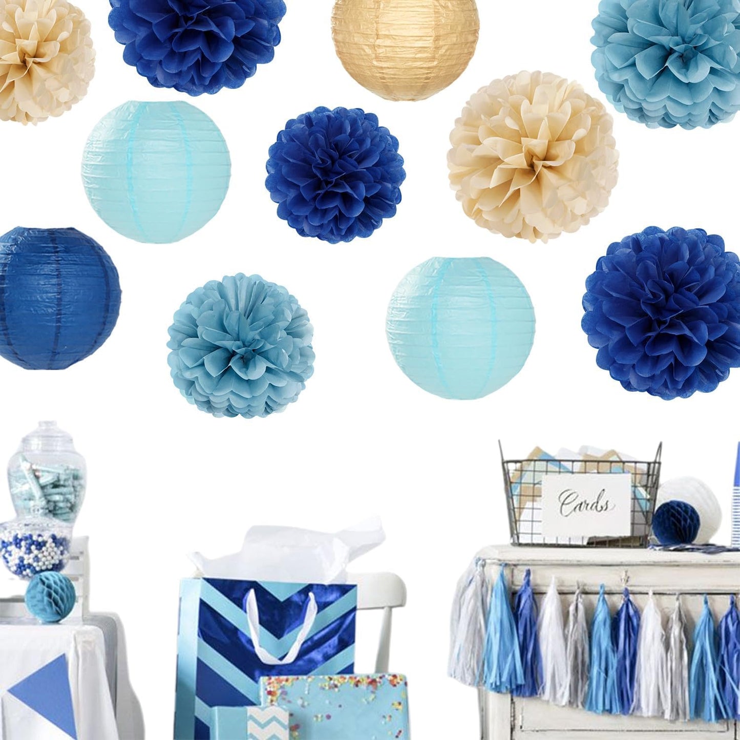 Dusty-Navy Blue Champagne-Gold Paper-Flowers Lanterns - 15pc Christmas Graduation Party Decorations Tissue Pom Poms Streamers,Birthday Bachelorette Bridal Baby Shower Engagement Wedding Decor Panduola