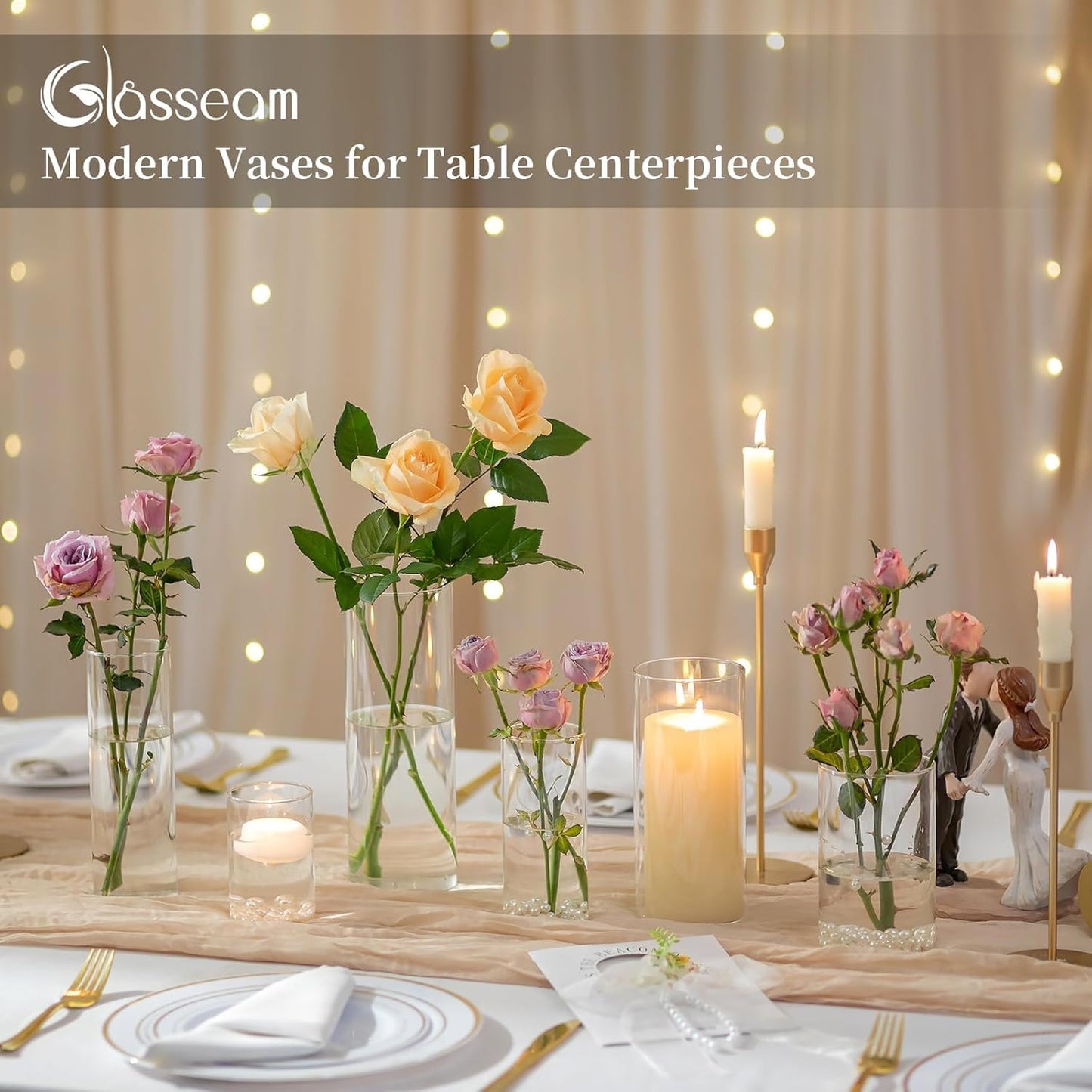 Glasseam Cylinder Vases Set of 12, Hurricane Candle Holder Clear Assorted Sizes, Modern Glass Cylinder Vase, Glass Vases for Centerpieces for Home Decor Wedding Centerpieces, Events, 6''+7.8''+10''