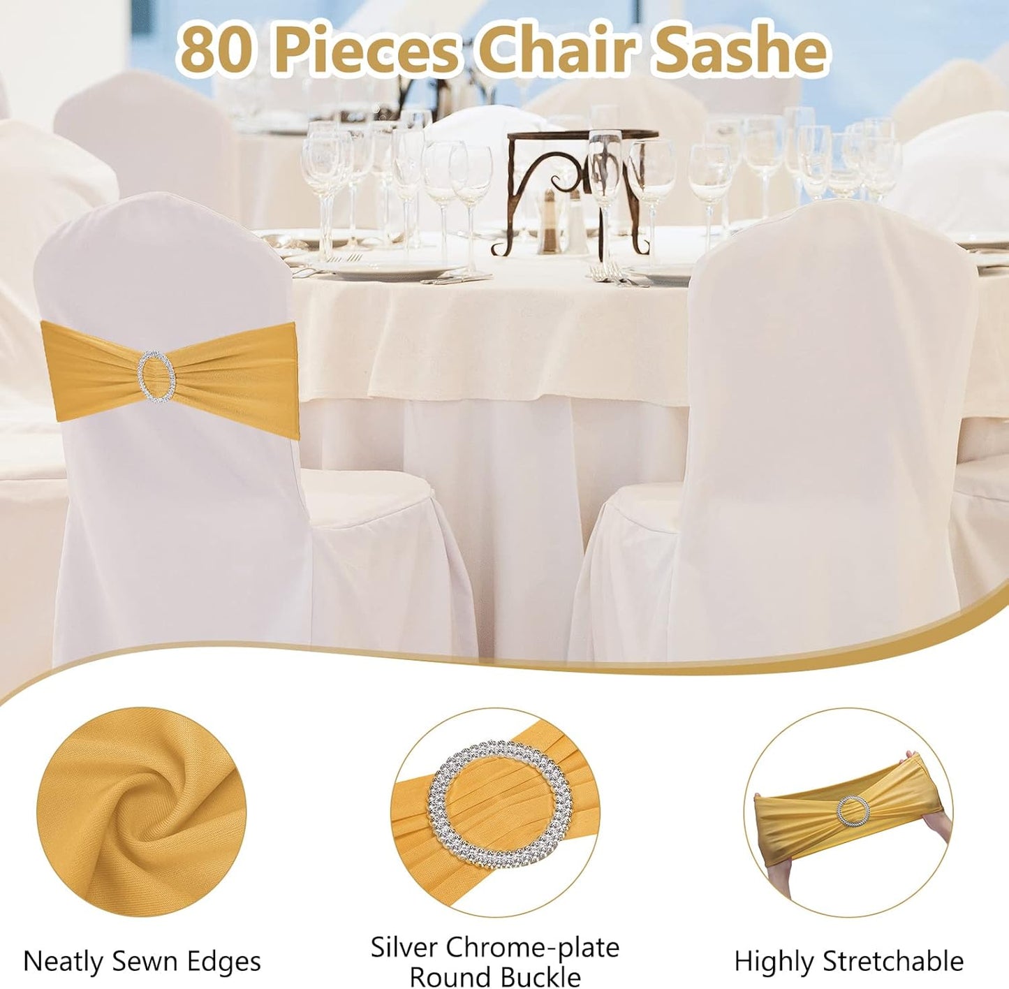 CHENGU 150 Pieces Spandex Stretch Chair Sashes Bows Elastic Chair Cover Bands Ties with Buckle Slider for Wedding Party Reception Events Universal Ceremony Banquet Decorations(Gold)