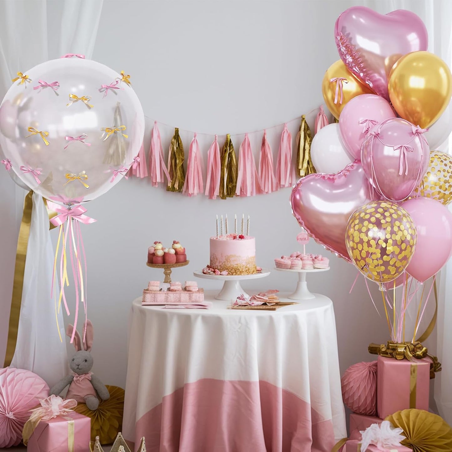 Light Pink and Gold Balloons Heart Shape Balloons, Pastel Baby Pink and White Party Decorations with Metallic Gold Confetti Balloon, 18 in Clear Heart Mylar Balloon for Princess Girls Birthday Decor