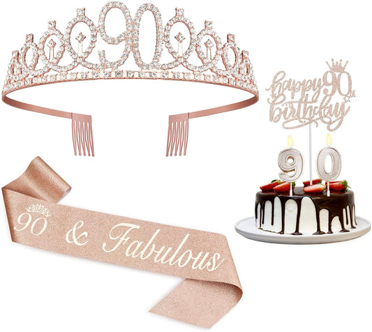 90th Birthday Decorations Women, Including Crown/Tiara, Sash, Cake Topper and Candles, Happy 90th Birthday Decorations for Women