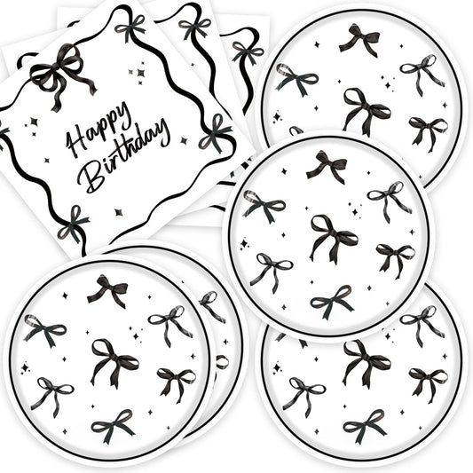 40pcs Black Bow Birthday Decorations Sophisticated Coquette Birthday Supplies,Black Bow Plates and Napkins,Suitable for 20 Guests