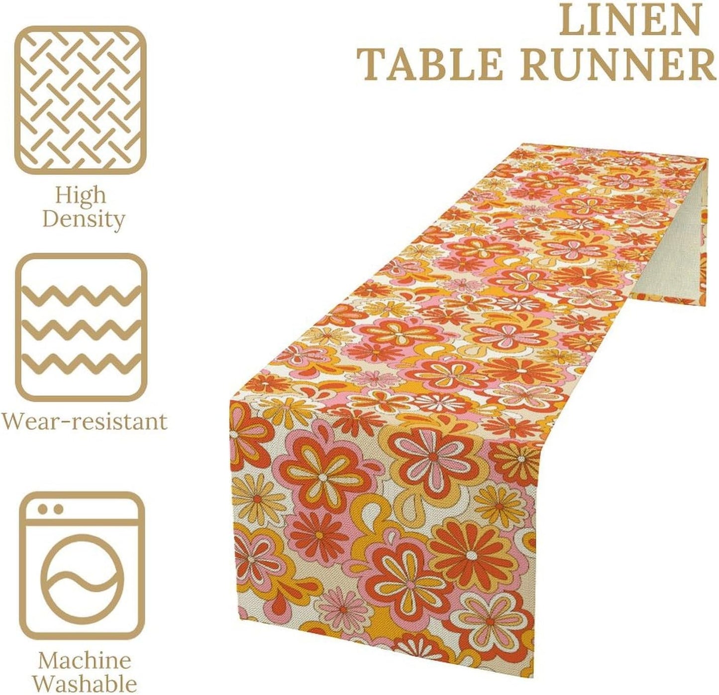 Vintage Floral Table Runner,70s Style Retro Daisies Flower Hippie Table Runner for Kitchen Dining Table Home Party Decoration 13x36 Inch