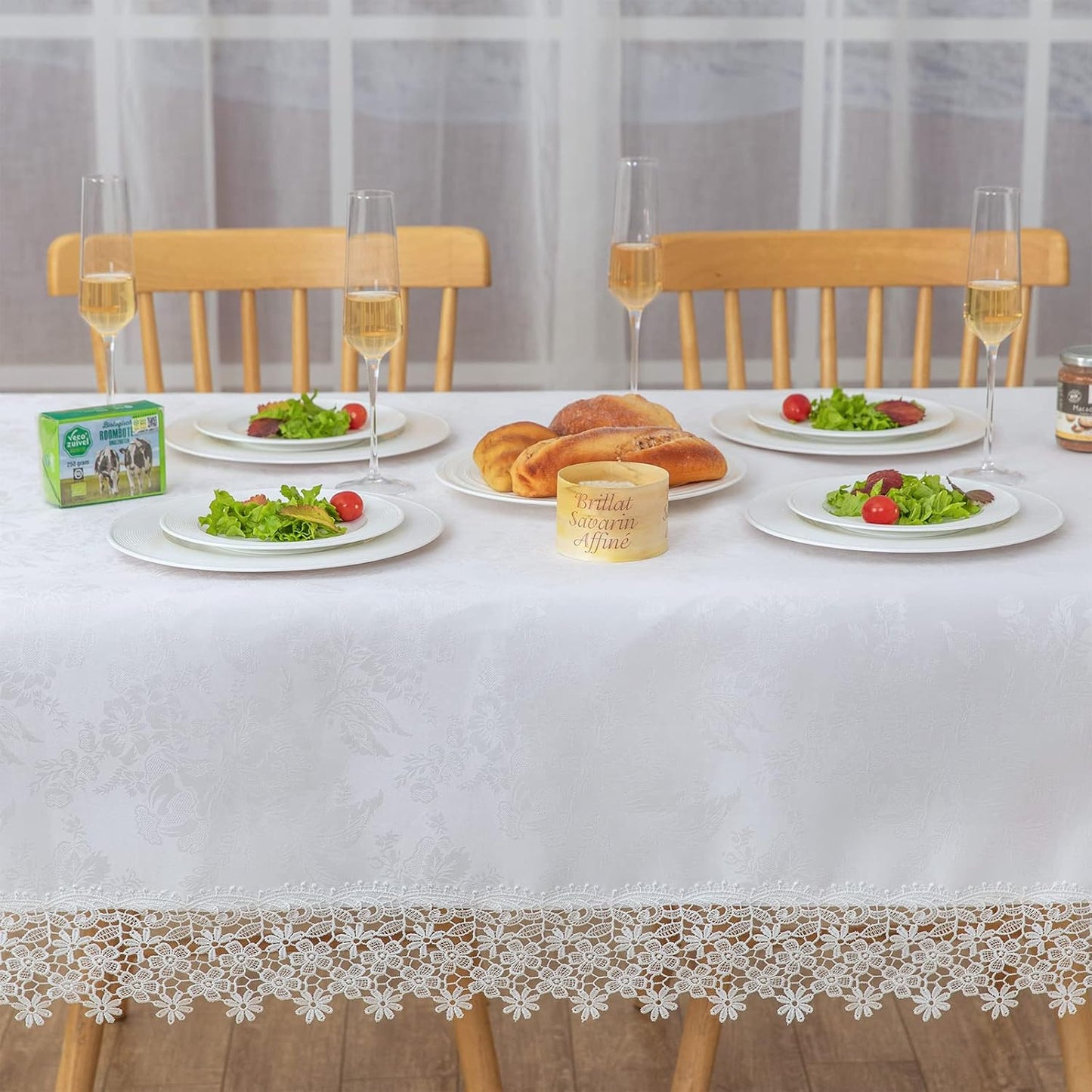 White lace Premium Rectangle Farmhouse Tablecloth Waterproof OilProof SpillProof AntiShrink Soft Wrinkle Resistant Decorative Fabric Table Cover Kitchen Dinning Party Wedding Banquet