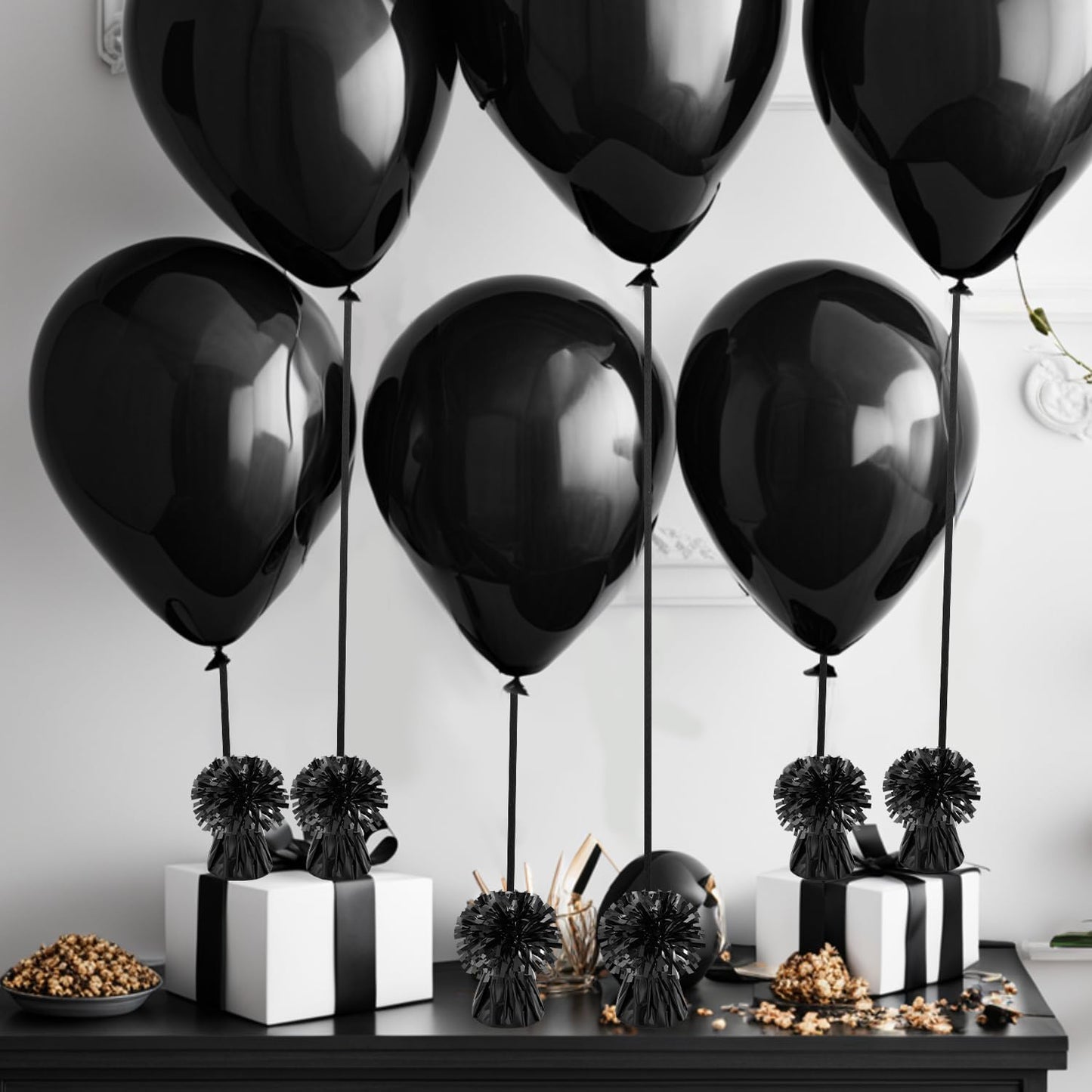 24 PCS Balloon Weights Metallic Anchor, Balloon Holder Heavy Weights with 1 Roll Black Crimped Ribbon for Balloons Table Party Favor Birthday Decor(Black)