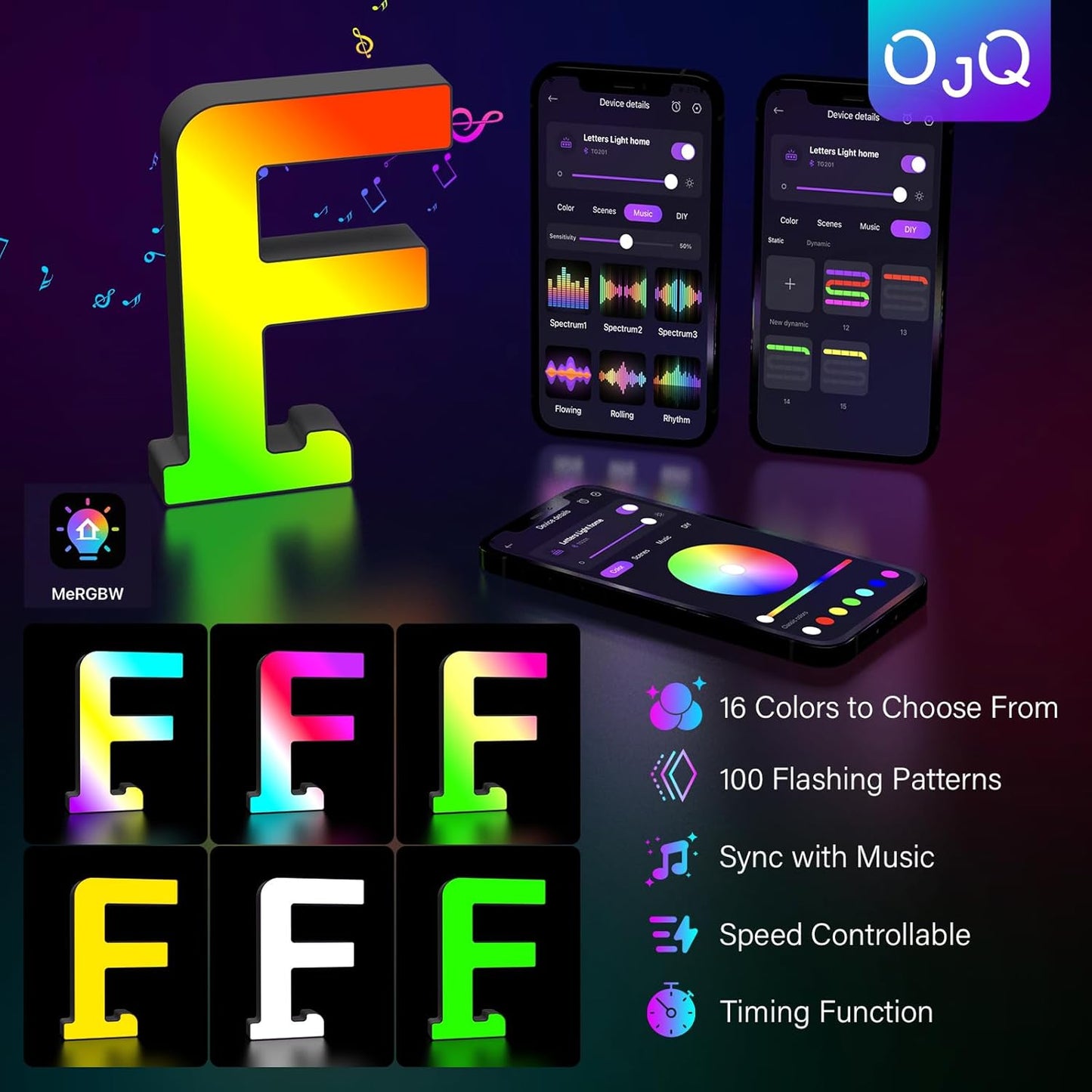 OJQ Light Up Letters LED Letter - Marquee Letters Room Decor Alphabet Letter Music Sync Color Change Colorful - Christmas Birthday Gifts for Girl - Teen Girls Gifts Party Home Wall Decor