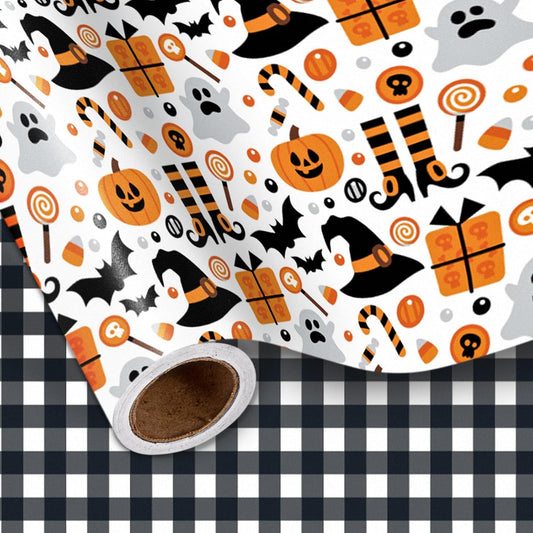 LeZakaa Halloween Wrapping Paper, Cute Pumpkin Witch Bat Candy Print, Buffalo Black White Plaid Reversible Design for Halloween, Nightmare before Christmas Holiday, Party, 17 inches x 32.8 Feet