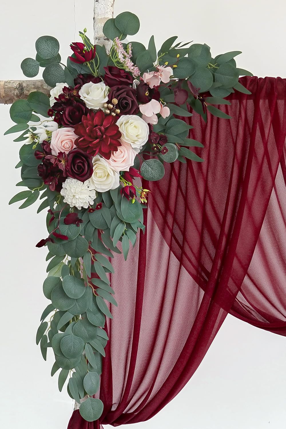 Burgundy Artificial Wedding Arch Flowers Kit (Pack of 3) with 26Ft Burgundy Shiny Arch Draping Fabric for DIY Wedding Party Ceremony Reception Backdrop Floral Decoration