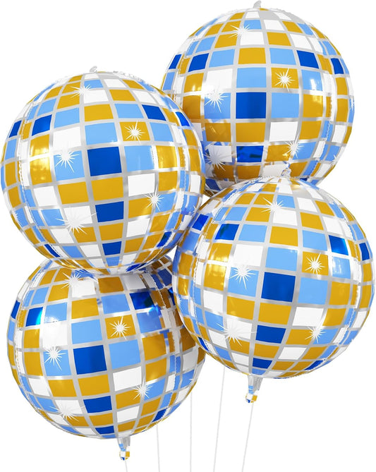 Disco Ball Balloons Blue Gold 4PC,Foil Disco Balloons 22 Inch 4D Round Blue Yellow Balloon for 70s 80s Birthday Bachelorette Graduation Decorations