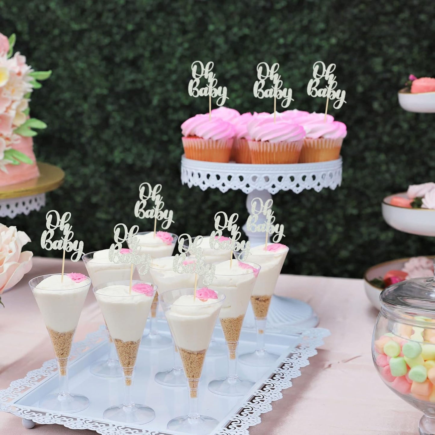 Gyufise 36 Pack Oh Baby Cupcake Toppers Silver Glitter Baby Shower Cupcake Picks Boys Girls Birthday Party Cake Decorations