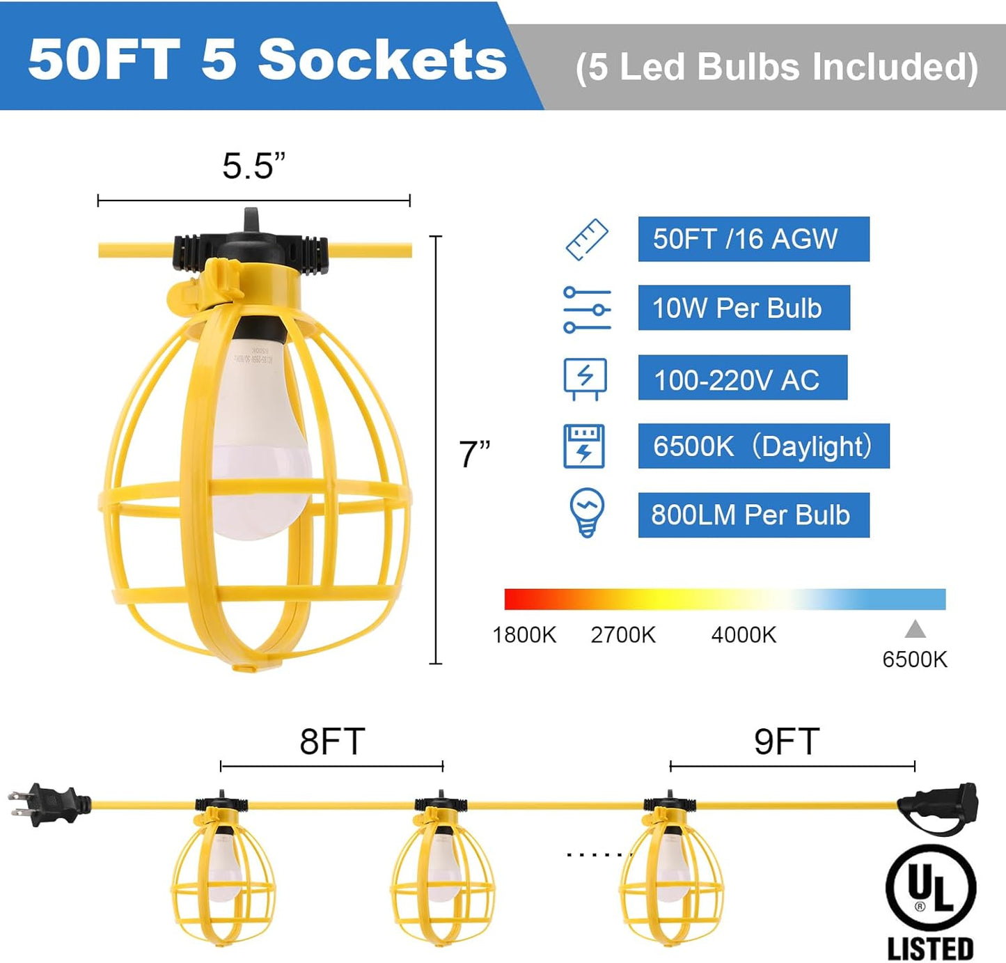 50FT Construction String Lights with Outdoor Extension Cord Safety Cover, 50W 5 Bulbs Work Lights, IP65 Waterproof, 4000LM 6500K Temporary Lighting for Workshop, Mine cave, Job Site