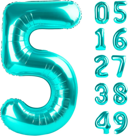Teal Blue 40 Inch Large Number 5 Birthday Balloon, 2025 Five 5th 15 25 35 50 55 Birthday Celebration Decorations, Teal Blue Foil 5 Mylar Helium Balloons Girl Boy Anniversary Party Supplies