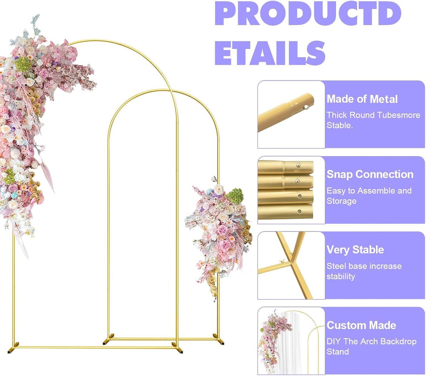 Wedding Arch Backdrop Stand Set of 2 Aluminum Gold Arched Frame (7.2FT, 6.6FT) for Birthday Party Bridal Baby Shower Ceremony Decoration