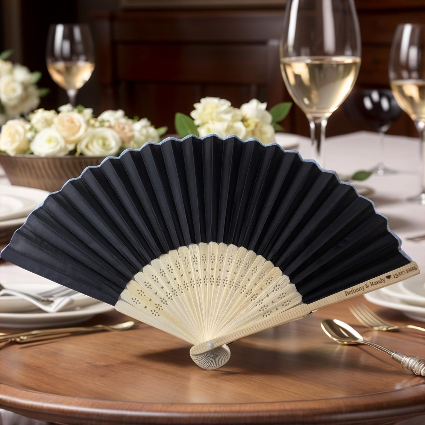 150Pcs Personalized Silk Fans Folding Hand Fan, Custom Wedding Bridal Party Favors, Summer Wedding Bride, Wedding Gift, Thank You Gift (Black)