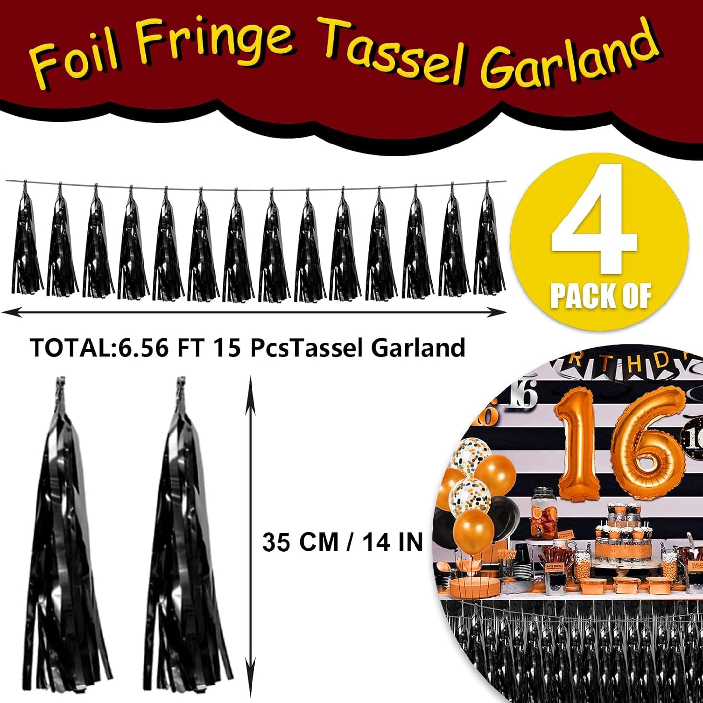 4P Black Foil Fringe Tassel Banner Garland Metallic Tinsel Streamers Wall Hanging Curtain Backdrop Banners for Parade Floats, 2024 Graduation Decorations, Father’s Day Party Decoration