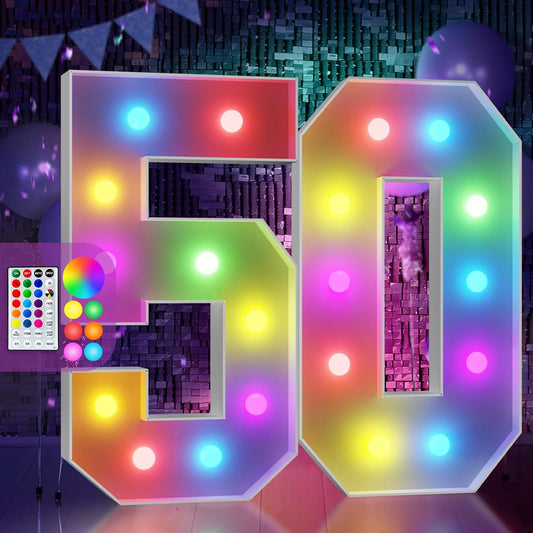 Marquee Numbers Colorful 50th-Birthday Decoration: 4FT Large Light Up 50 Year Old Birthday Decorations Anniversary Backdrop for Men Women Cardboard White Sign 18 Colors Number 50 Mosaic Balloon Frame