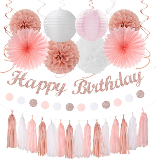 Rose-Gold Pink-White Happy Birthday Party-Decorations - 31pcs Sweet First 16 18th 21st Women Girls Paper Lanterns Streamers Banner,Tissue Pom Poms Decor,Flower Fans Tassels Graland Supplies Hugmoon