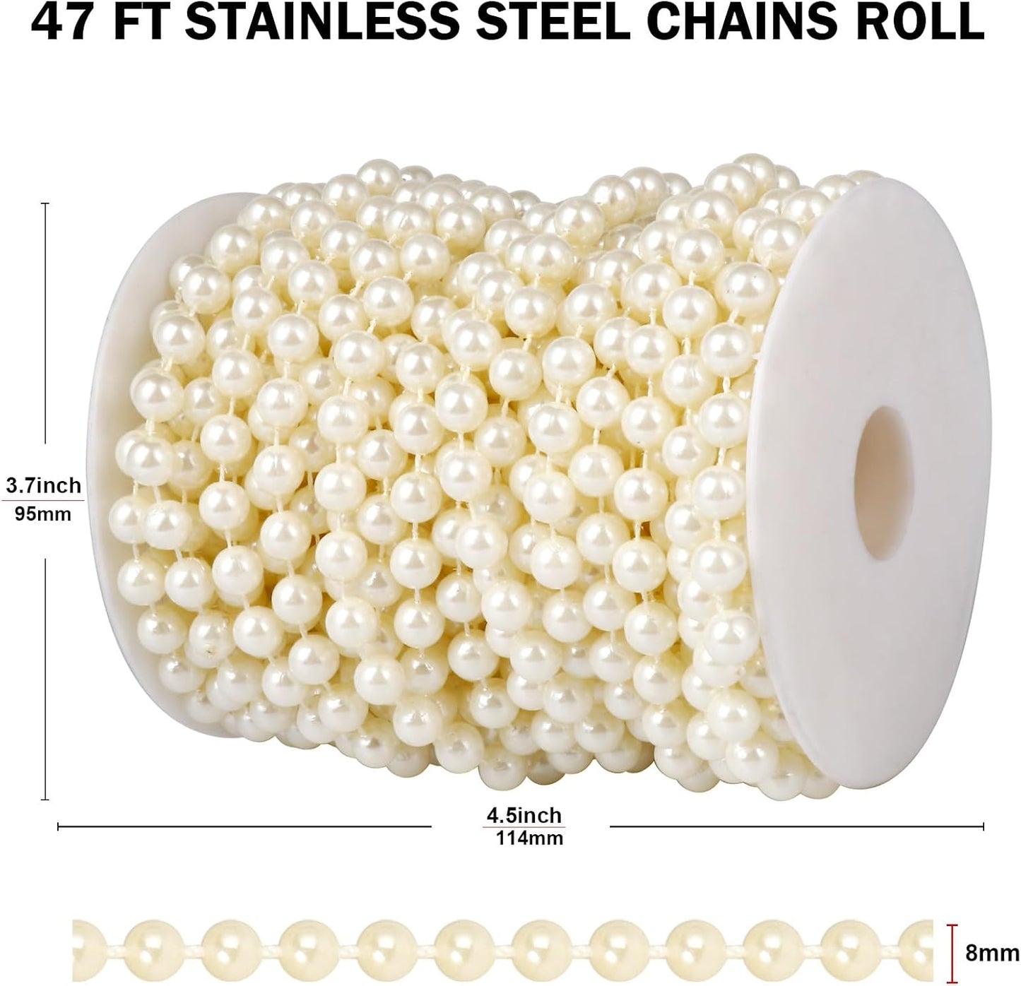 47 FT Pearl Beads Garland for Decoration, 8MM Craft Pearl Beads String Spool Ivory Color Faux Pearl Strand Roll for DIY Craft Wedding Party Christmas Tree Decoration