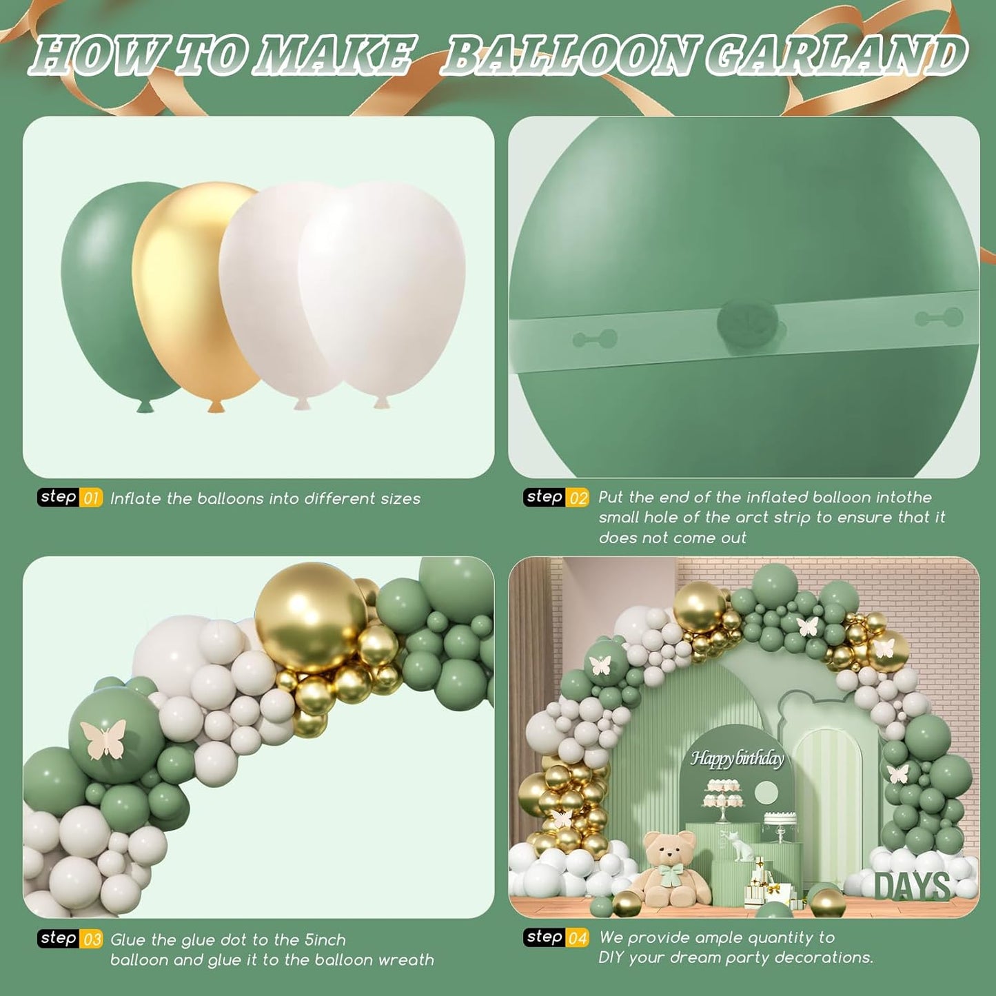 412Pcs Sage Green White Sand Gold Balloons Garland Arch Kit,18 12 10 5 Inch Different Sizes Balloons for Baby Shower Wedding Birthday Gender Reveal Party Decoration