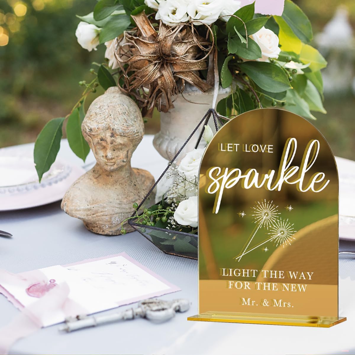 Acrylic Wedding Sign, Bridal Shower Decorations, Let Love Sparkle Sign for Ceremony, Modern Font Table Signs, Gold Mirror Arched Acrylic Tabletop Signs for Wedding Reception and Event Party
